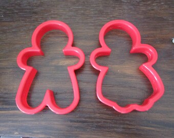 Vintage Set of 2 Red Hard Plastic Cookie Cutters Gingerbread Man and Woman