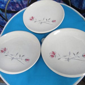 Mid Century Set of 3 Sandwich Plates Franciscan Earthenware Duet Pink Rose 6 1/8 inch x 6.5 inch