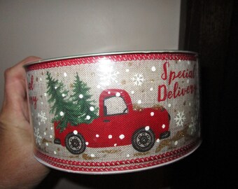 New 50 Yards Wired Edge Christmas Ribbon 2.5 inch Red Old Truck Special Delivery Burlap like