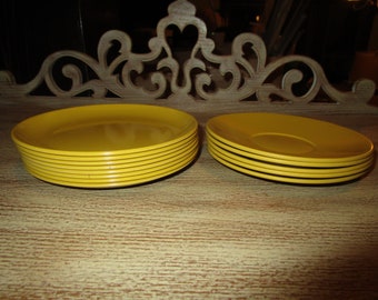 13 Mid Century Mustard Yellow Plates 8 Sandwich Plates and 5 Saucers