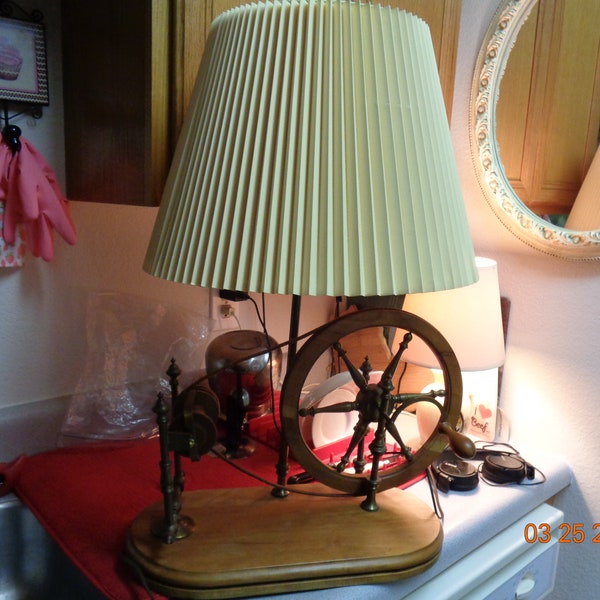 Mid Century Wood and Brass Wheel Pulley Lamp