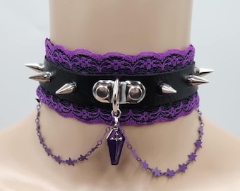Gothic Coffin Fashion Choker with Dual Lace, Spikes and Starry Chain