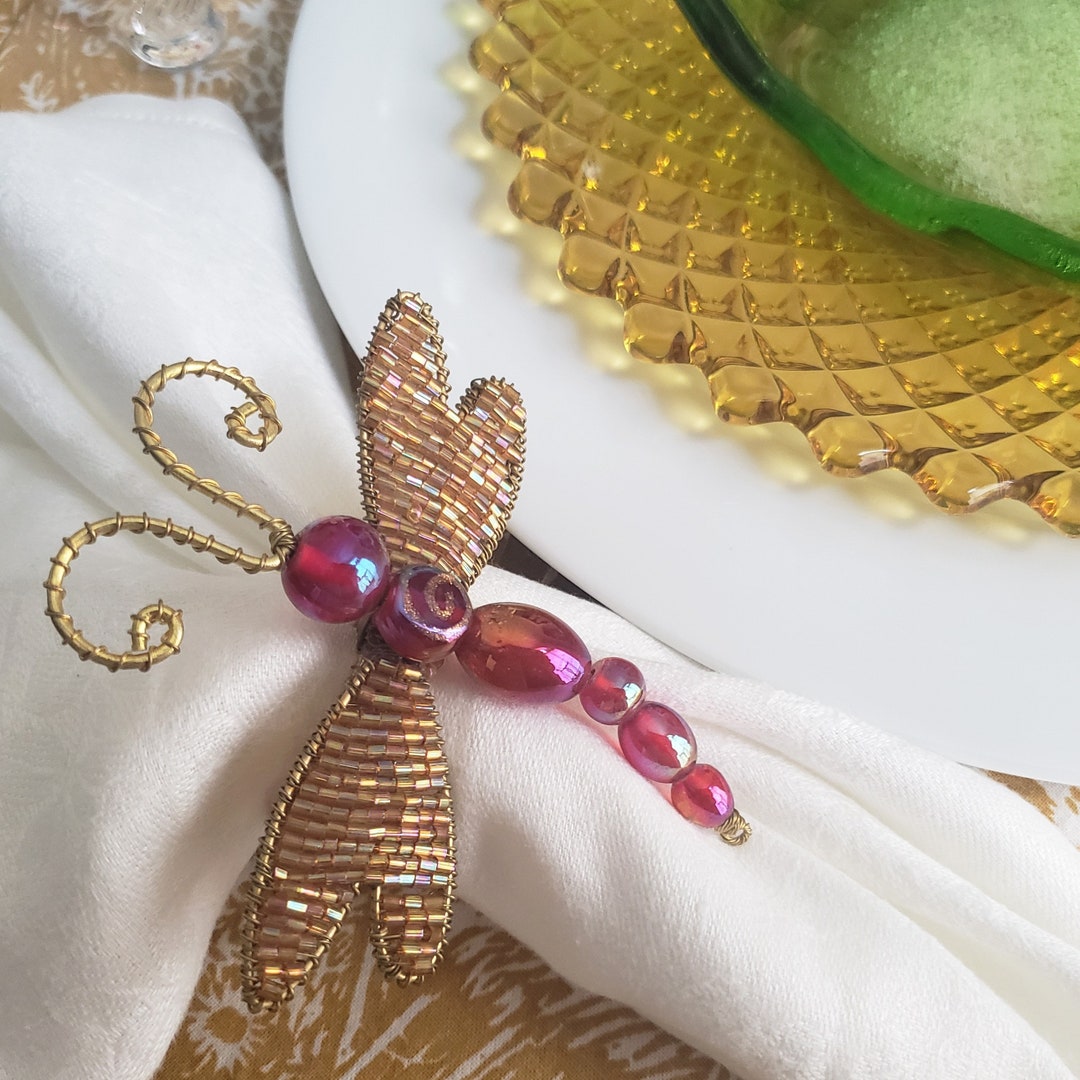 8 DRAGONFLY Napkin Rings Set Irridescent Carnival Glass Beads Etsy