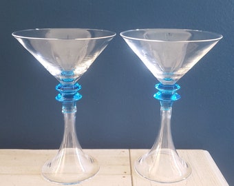 Vintage "Bombay Sapphire" Crystal and Blue Trumpet Martini Glasses (Gin, Champagne) Modern Hollow Stem with Colored Discs Blown Glass