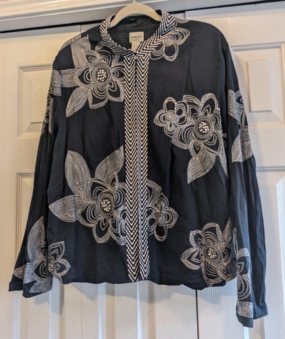 CHICO'S Navy Blue Embroidered Mandarin Collar Lined Cotton Jacket