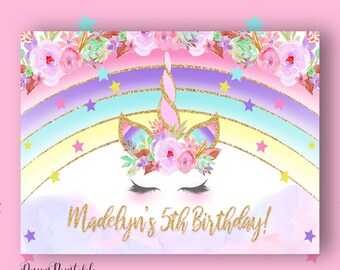 Einhorn Geburtstag Hintergrund, Einhorn Geburtstag Schild, Regenbogen Einhorn Banner, Floral Einhorn Geburtstag Poster, druckbare Einhorn Hintergrund Datei