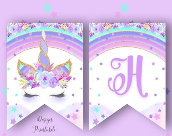 Unicorn Happy Birthday Banner, Rainbow Unicorn Birthday Banner Instant Download, Printable Unicorn Banner, Unicorn Garland, Happy Birthday