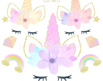 Watercolor Unicorn Clipart, Floral Unicorn Face Clipart, Unicorn Party Clipart, Rainbow Clipart, Unicorn Heads Clip Art, Unicorn PNG Files