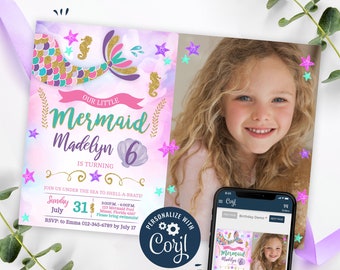 Photo Mermaid Birthday invites Instant download and edit Girls Mermaid Birthday party Purple Fuchsia teal and gold