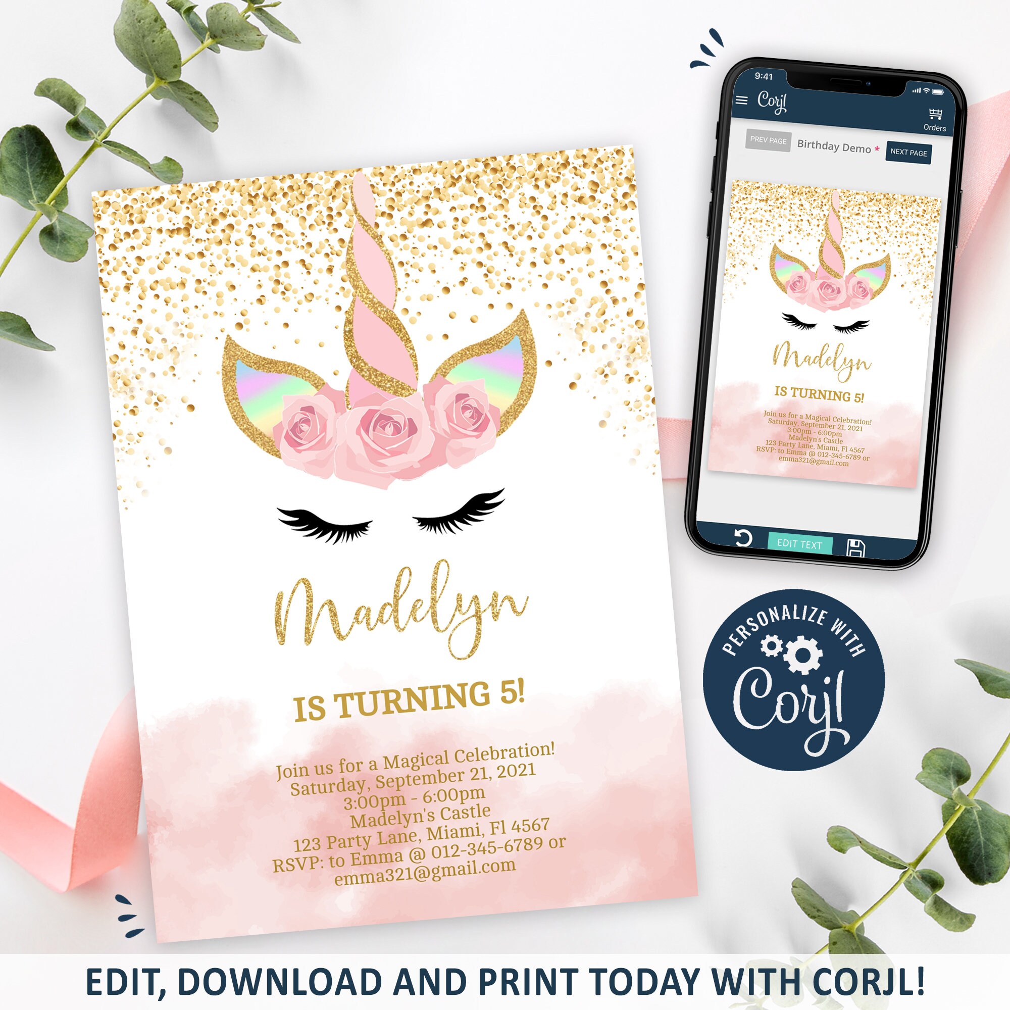 Unicorn Uitnodiging, Magische Unicorn Verjaardag Uitnodiging Afdrukbaar, Roze Unicorn Party Invite, Gold Glitter, CORJL INSTANT DOWNLOAD