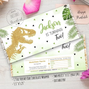 Dinosaur Chocolate Bar Wrappers, Dinosaur Favors, Hershey Bar Wrapper, Dinosaur Birthday Candy Wrapper Printable, EDITABLE, INSTANT DOWNLOAD