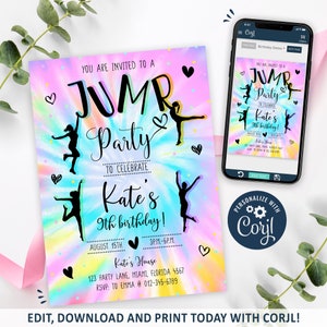 Jump Invitation, Tie Dye Jump Birthday Invitation Printable, Bounce Party Invite, Trampoline Party Invite, Tie Dye, CORJL INSTANT DOWNLOAD