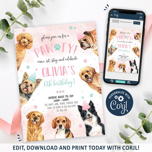 Dog Invitation CORJL INSTANT DOWNLOAD Pink Puppy Invitation Girl Doggy ...