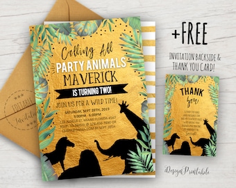 Safari Invitation, Safari Birthday Invitation Printable, Jungle Party Invite, Wild Party Animals, Gold Animals, EDITABLE, INSTANT DOWNLOAD