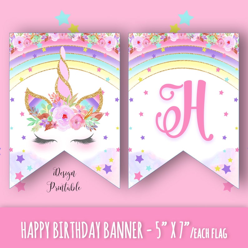 Unicorn Happy Birthday Banner, Rainbow Unicorn Birthday Banner Instant Download, Printable Unicorn Banner, Unicorn Garland, Happy Birthday image 1