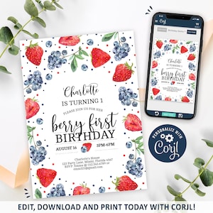 Berry First Invitation, Sweet Berries Birthday Invitation Printable, Berry Party Invite, Blueberry Strawberry Invite, CORJL INSTANT DOWNLOAD