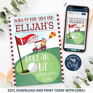 Zaproszenie na golfa, Zaproszenie na urodziny golfowe do wydrukowania, Zaproszenie na imprezę golfową, Hole in One Golf 1. urodziny, Czerwony wózek, CORJL INSTANT DOWNLOAD