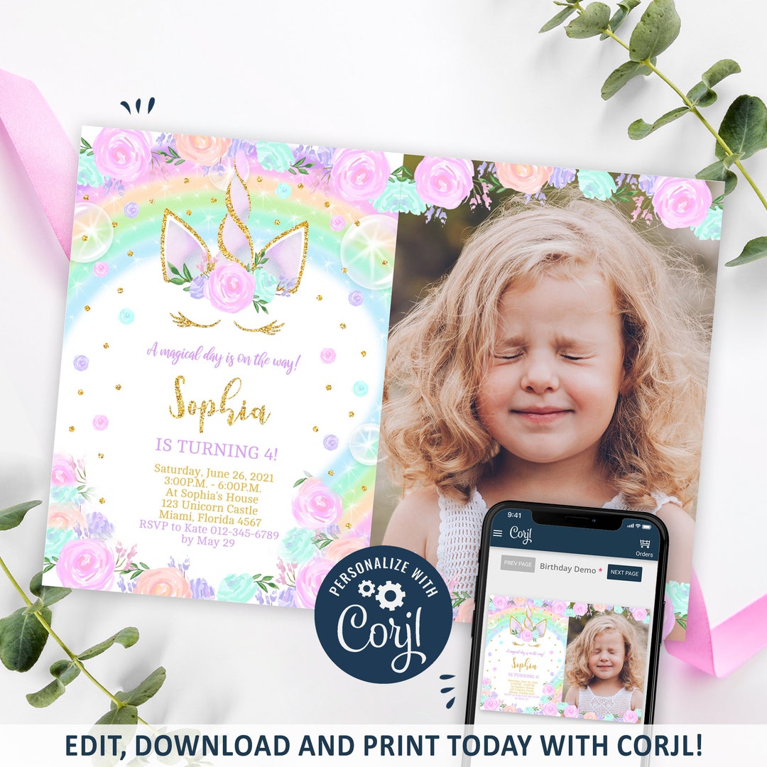 Unicorn Invitation, Rainbow Unicorn Birthday Invitation Printable.