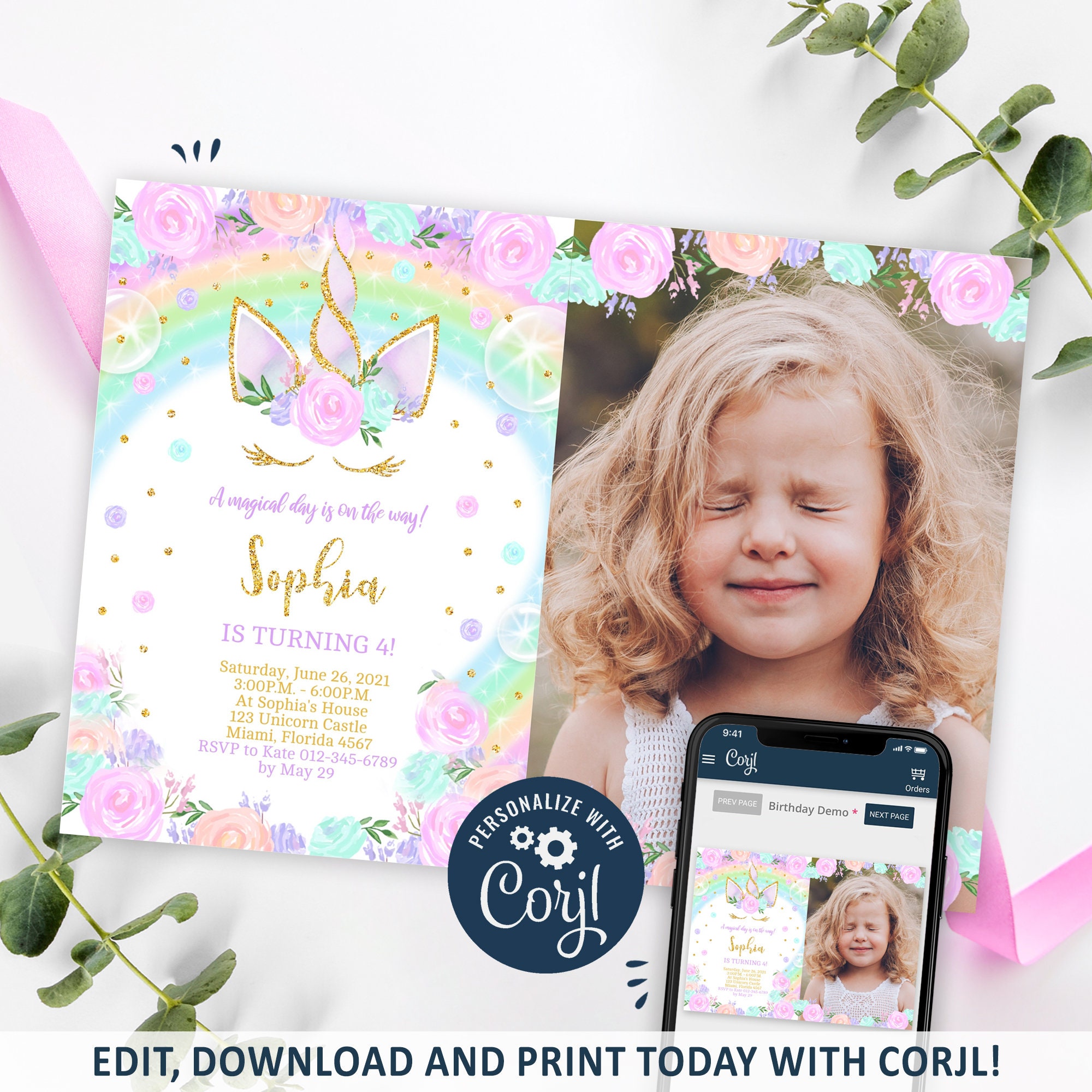 Unicorn Invitation, Rainbow Unicorn Birthday Invitation Printable.