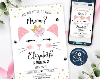 Kitten Invitation, Kitten Birthday Invitation Printable, Kitty Cat Party Invite, Are You Kitten Me Invitation White, CORJL INSTANT DOWNLOAD