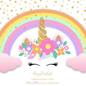 Gold Glitter Unicorn Clip Art, Rainbow Clip Art, Unicorn Party Clip Art, Unicorn Head, Unicorn Face Clip Art, Floral Unicorn JPEG & PNG