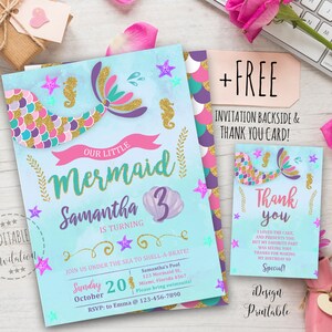 Photo Mermaid Birthday invites Instant download and edit Girls Mermaid Birthday party Purple Fuchsia teal and gold