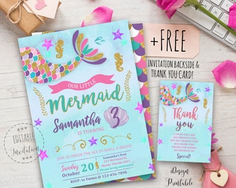 Mermaid Invitation, Mermaid Birthday Invitation Printable, Mermaid Party Invite, Under The Sea, Mermaid Tail, EDITABLE, INSTANT DOWNLOAD