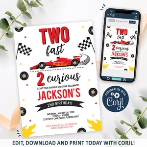 Two Fast Invitation, Two Fast Birthday Invitation Printable, Race Car Party Invite, Two Fast 2 Curious 2nd Birthday, CORJL INSTANT DOWNLOAD