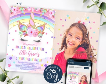 Unicorn Invitation, Unicorn Birthday Invitation Printable, Unicorn Party Photo Invite, Magical Pink Unicorn, CORJL INSTANT DOWNLOAD