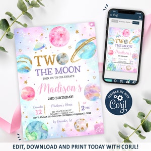 Two The Moon Invitation, Two The Moon Birthday Invitation Printable, Girl 2nd Birthday Space Party Invite, EDITABLE, INSTANT DOWNLOAD