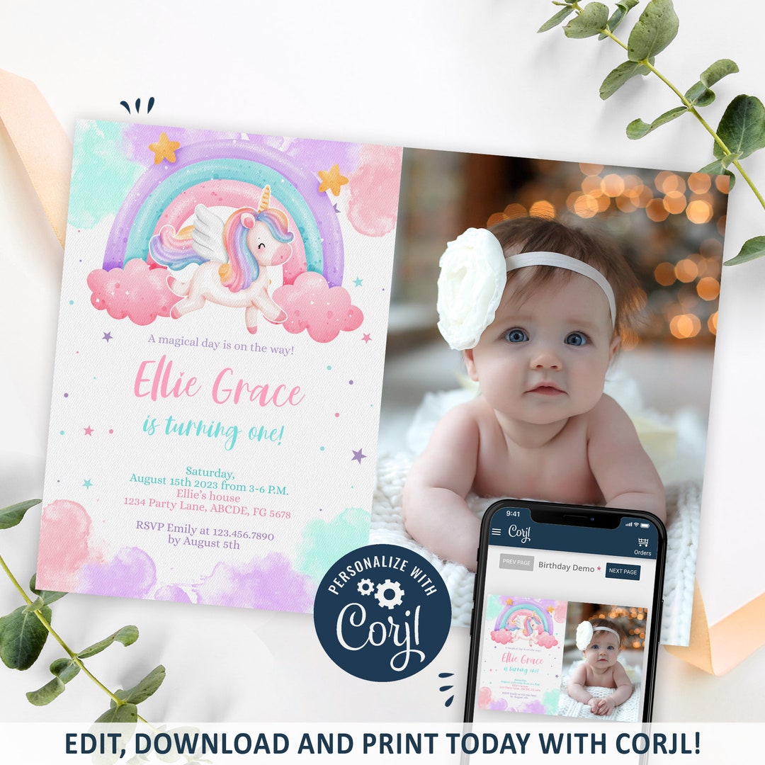 Rainbow Unicorn Invitation Unicorn Photo Birthday Party Etsy