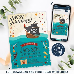 Piratenuitnodiging, Piratenverjaardagsuitnodiging afdrukbaar, Piratenschipfeestuitnodiging, Piratenschatkaartuitnodiging, BEWERKBAAR, INSTANT DOWNLOAD
