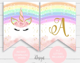 Rainbow Unicorn A-Z Letters Banner, Unicorn Birthday Banner Instant Download, Printable Unicorn Garland, Unicorn Decorations Banner, Digital