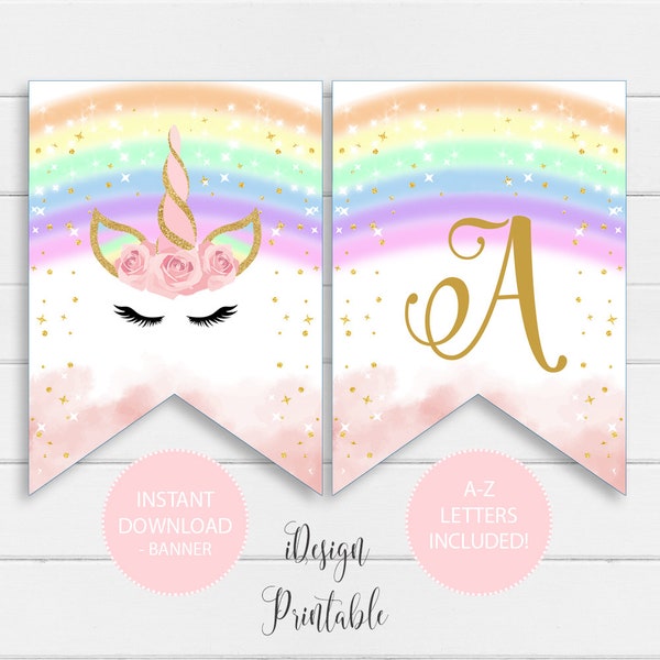 Rainbow Unicorn A-Z Letters Banner, Unicorn Birthday Banner Instant Download, Printable Unicorn Garland, Unicorn Decorations Banner, Digital