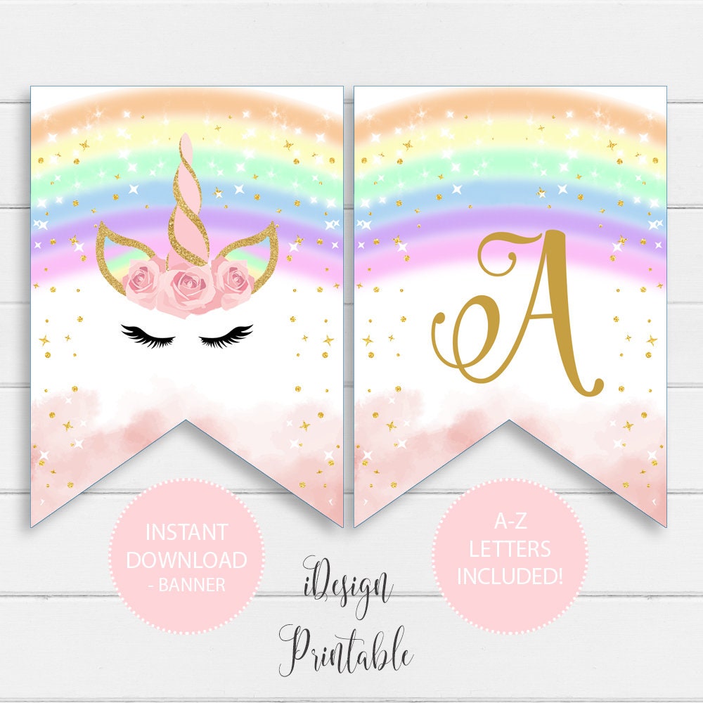 rainbow unicorn a z letters banner unicorn birthday banner etsy
