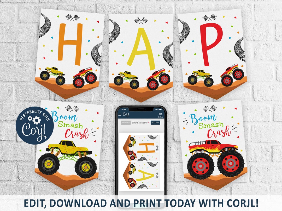 Monster Truck Happy Birthday Banner, Monster Truck Birthday Banner ...