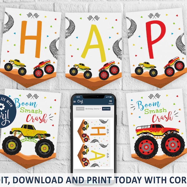 Monster Truck Happy Birthday Banner, Monster Truck Birthday Banner Printable, Monster Truck Editable Letter Flags, CORJL INSTANT DOWNLOAD