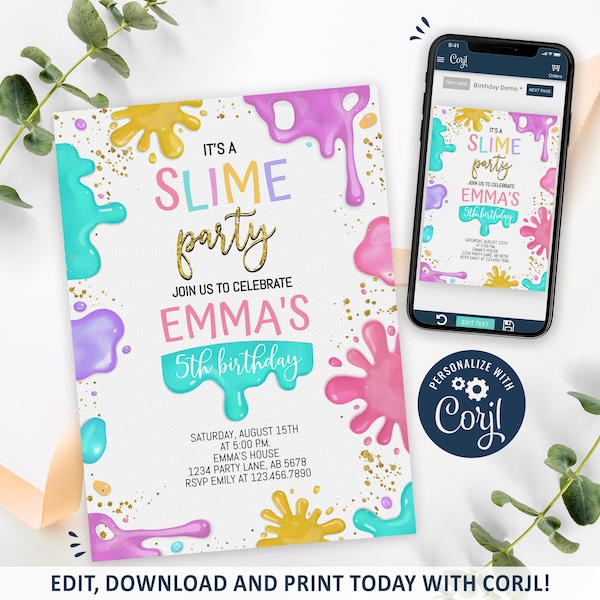 Slime Party Invitation, Girl Slime Party Birthday Invitation Printable, Colorful Slime Invite, CORJL INSTANT DOWNLOAD