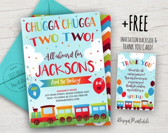 Train 2nd Birthday Invitation, Chugga Chugga Two Two Invitation Printable, Colorful Trains Birthday Party Invite, EDITABLE, INSTANT DOWNLOAD