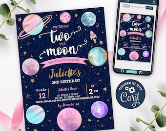 Two The Moon Invitation, Girl Two The Moon Birthday Invitation Printable, 2nd Birthday, Outer Space Party Invite, EDITABLE, INSTANT DOWNLOAD