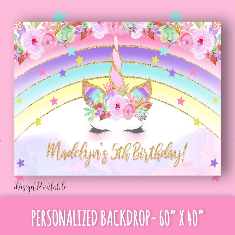 Unicorn Birthday Backdrop, Unicorn Birthday Sign, Rainbow Unicorn Banner, Floral Unicorn Birthday Poster, Printable Unicorn Background File image 1