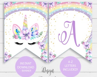 Rainbow Unicorn A-Z Letter Banner, Unicorn Birthday Banner Instant Download, Unicorn Garland Printable, Magical Unicorn Decoration Banner