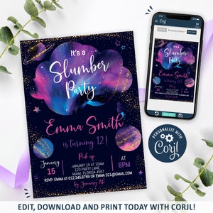 Galaxy Slumber Party Invitation, Galaxy Birthday Invitation Printable, Galaxy Sleepover Party Invite, Starry Night, CORJL INSTANT DOWNLOAD