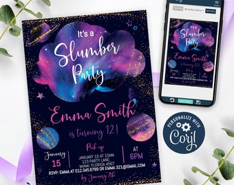 Galaxy Slumber Party Invitation, Galaxy Birthday Invitation Printable, Galaxy Sleepover Party Invite, Starry Night, CORJL INSTANT DOWNLOAD