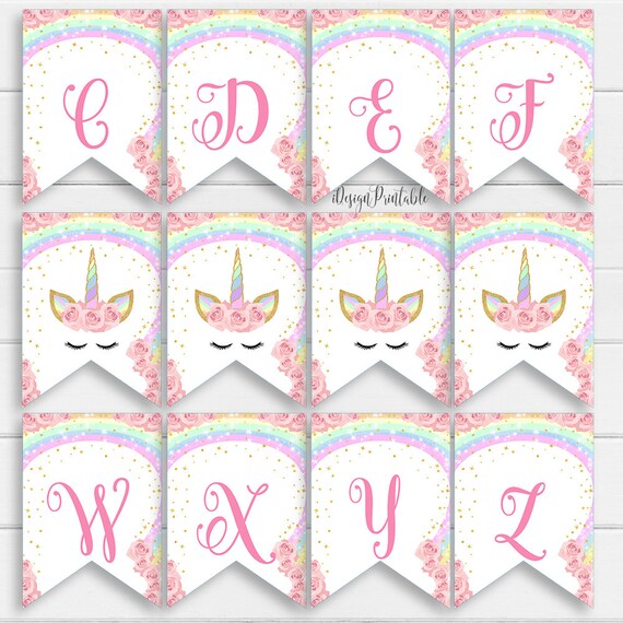 rainbow unicorn birthday banner printable unicorn a z letter etsy