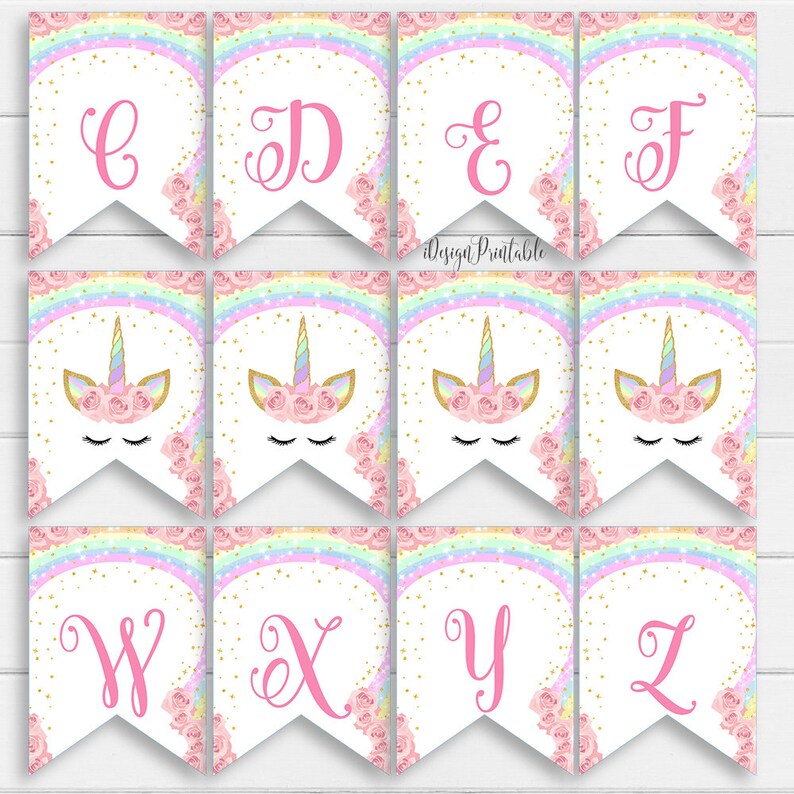 rainbow unicorn birthday banner printable unicorn a z letter etsy