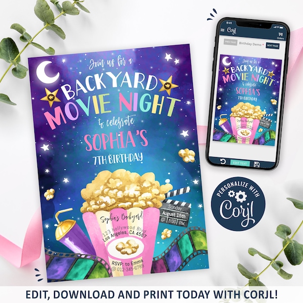 Movie Night Invitation, Backyard Movie Night Birthday Invitation Printable, Girl Movie Sleepover, Under The Stars, EDITABLE INSTANT DOWNLOAD