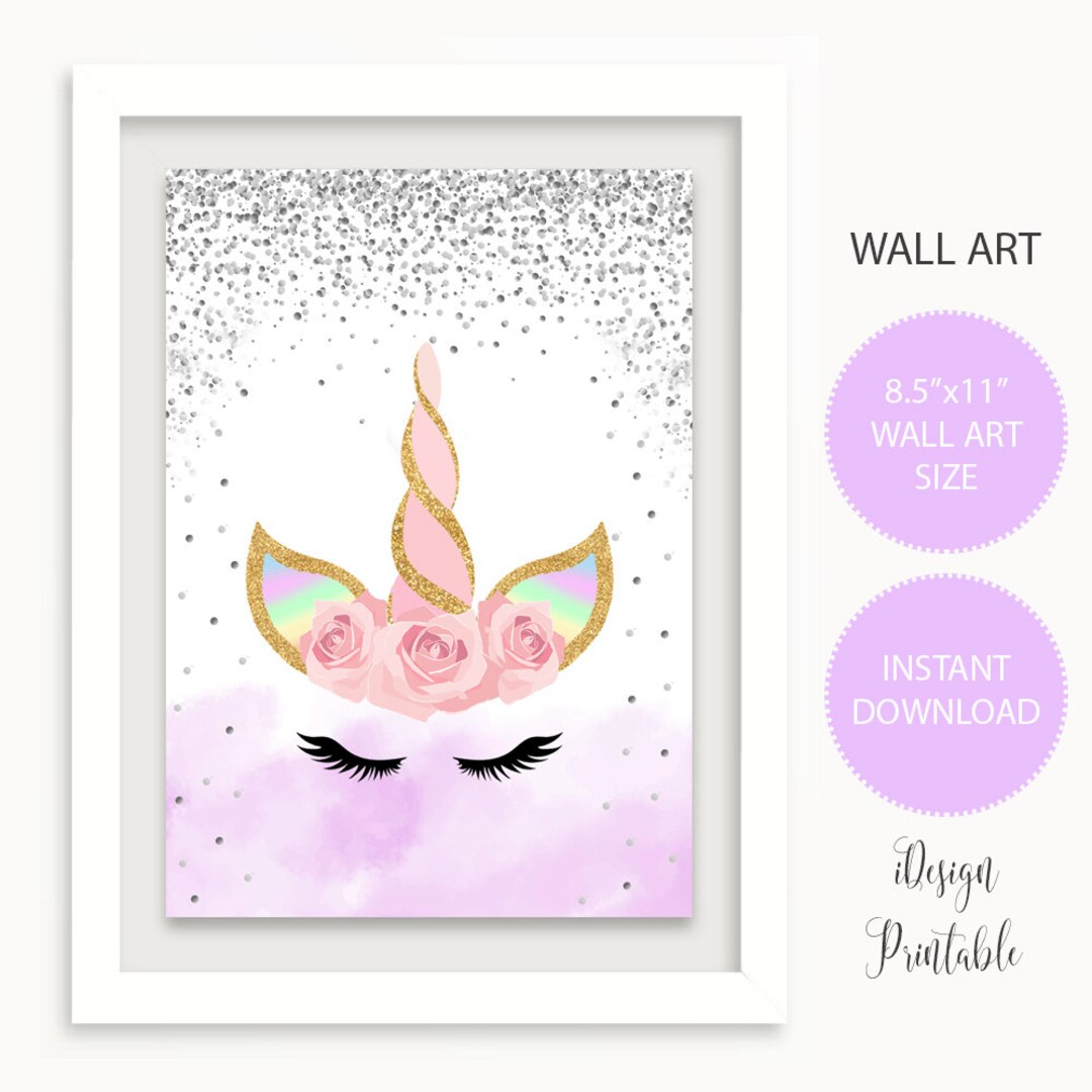 Unicorn Face Print Silver Glitter Unicorn Nursery Print - Etsy