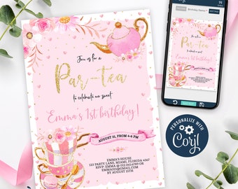 Tea Party Invitation, Tea Birthday Invitation Printable, Pink & Gold Tea Party Invite, Floral Whimsical Tea Invite, CORJL INSTANT DOWNLOAD