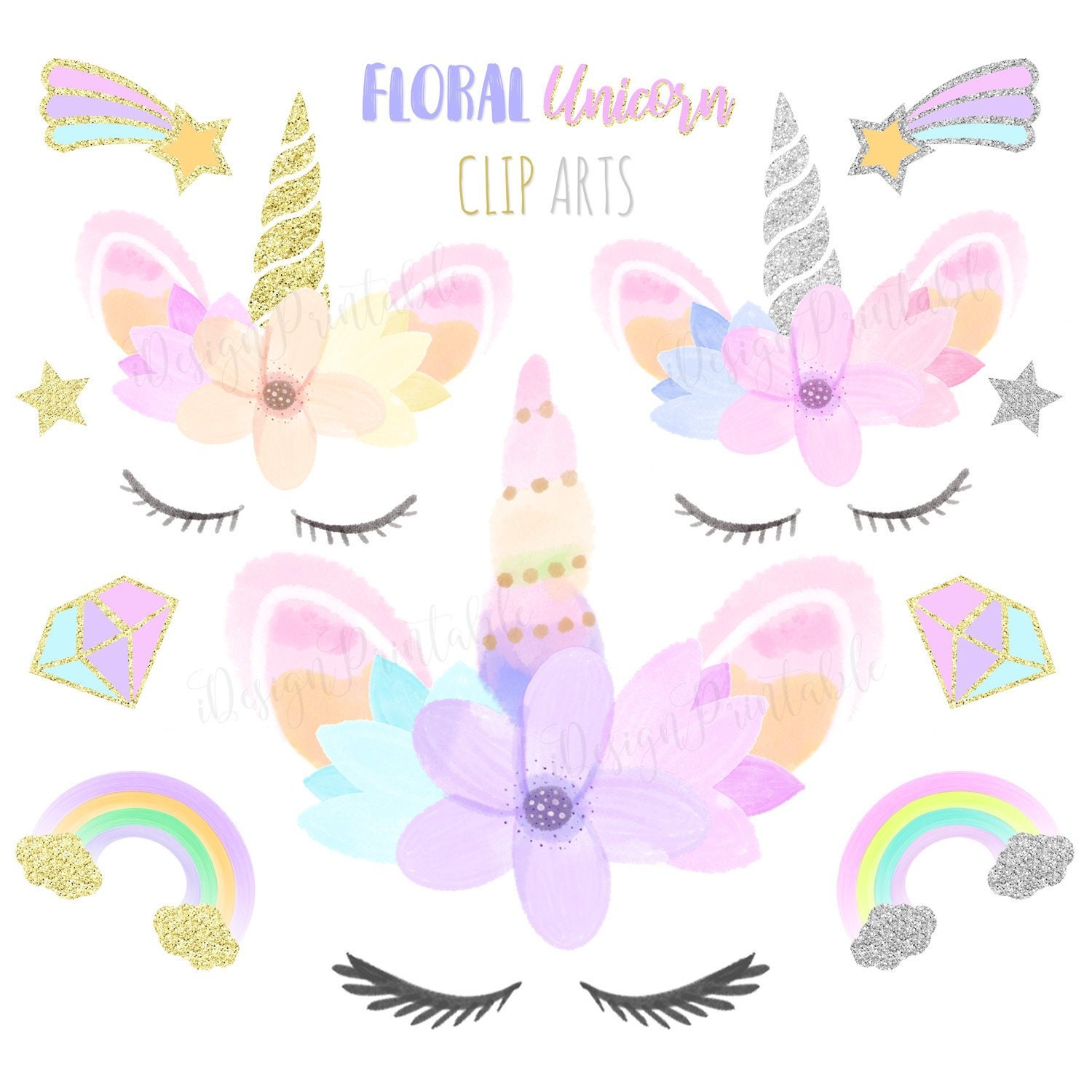 Watercolor Unicorn Clipart, Floral Unicorn Face Clipart, Unicorn Party